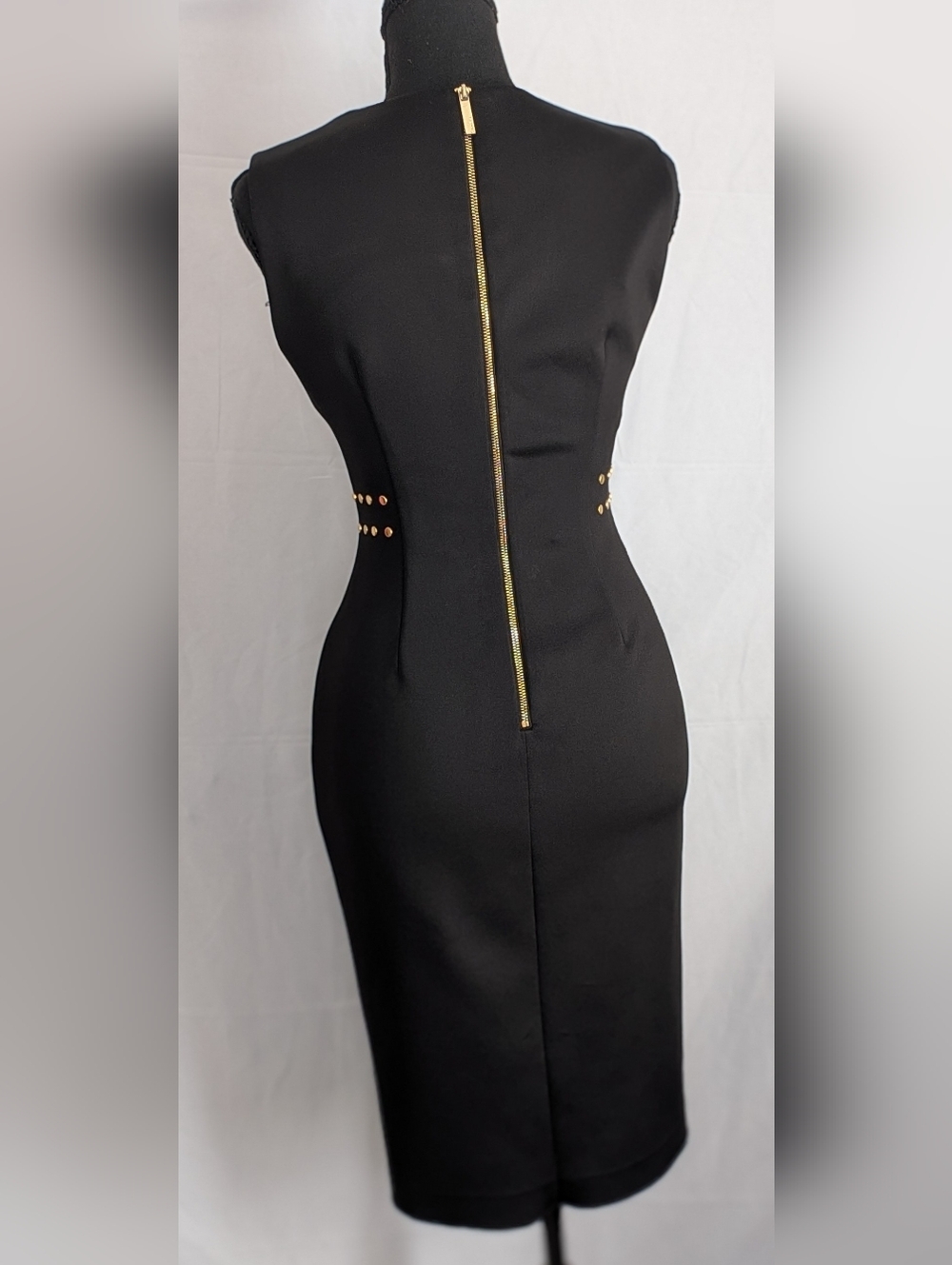 Calvin Klein Black Bodycon Dress Gold studded Hardware Sheath Cocktail Midi (2) - Picture 3 of 7